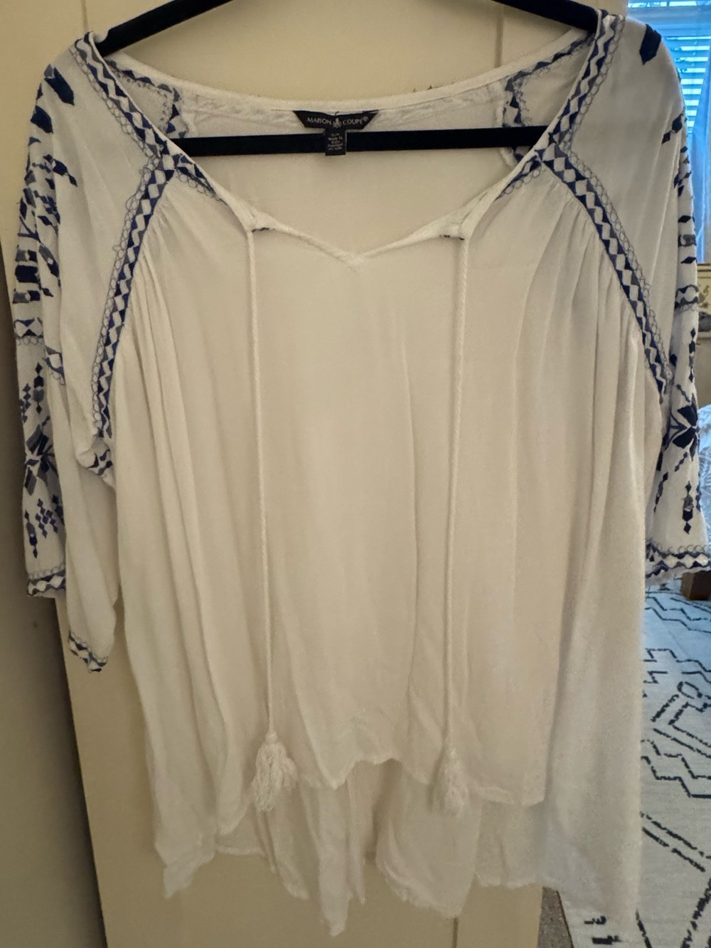 White Boho Peasant Top with Blue Embroidery